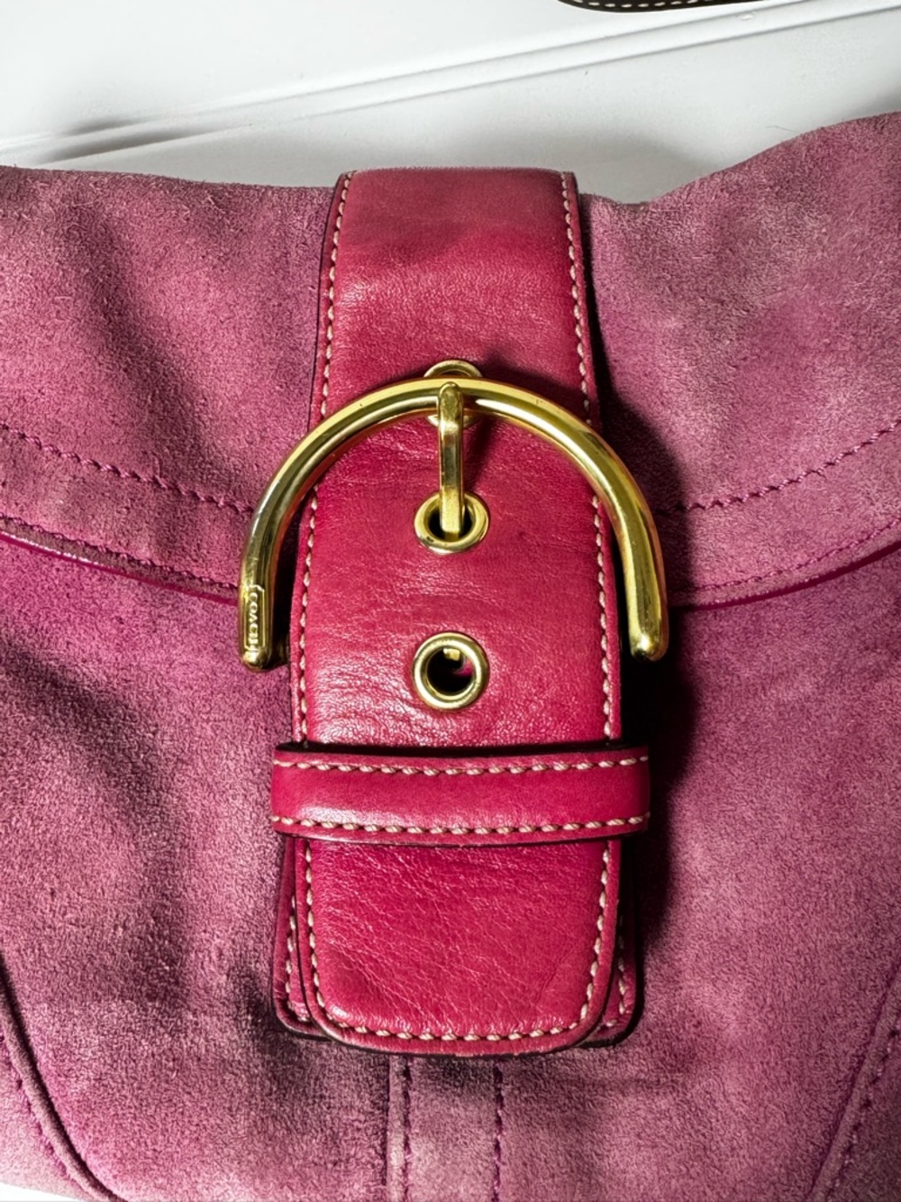 Coach Pink Suede Saddle Shoulder Bag with Gold Buckle and Pink Leather Strap - Picture 10 of 11